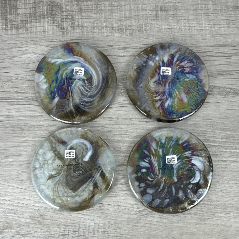 Anthropologie Iridescent Art Glass Coasters Set of 4 Multicolor Handcrafted 4in